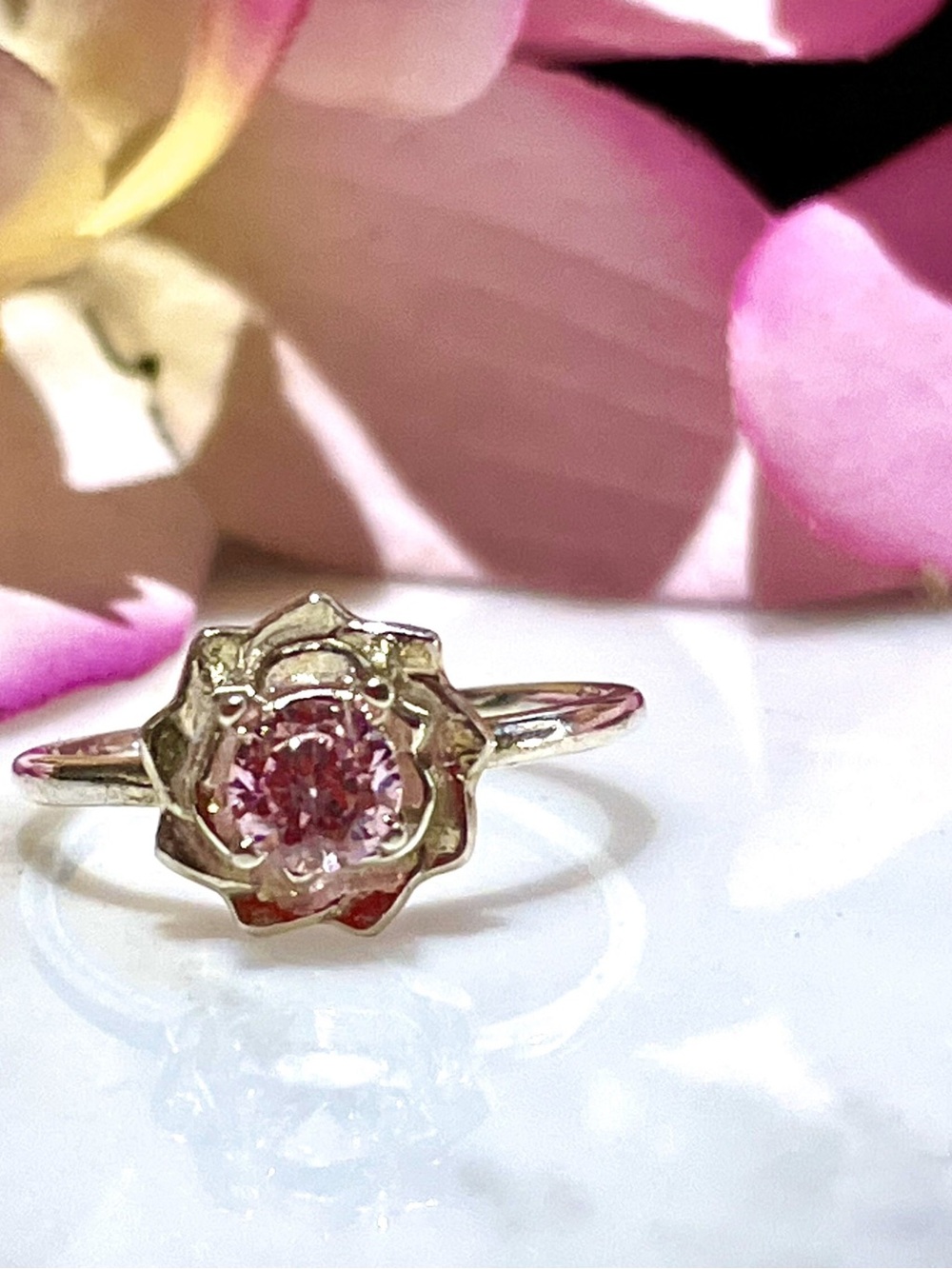 Delicate Flower (Simulated Diamond Pink Cubic Zirconia~5mm) SS Ring, - Picture 4 of 4